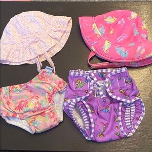 2 hats and 2 bathing suit bottoms